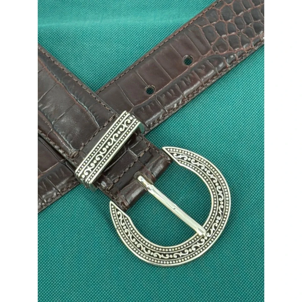 Vtg Brighton Brown Croc Embossed Leather Suede Western Belt Silver Buckle XL 36
